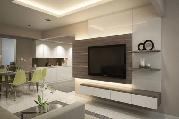 the tv unit in the center and open shelves in living room 3