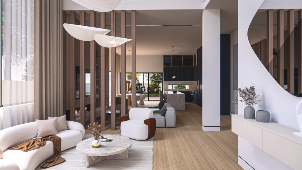 Spacious modern living room with elegant furniture and natural lighting.